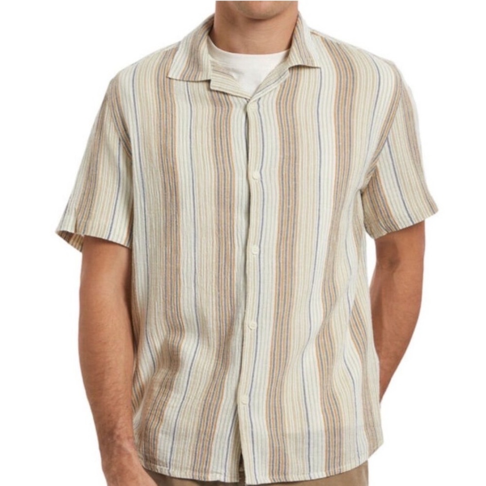 Wax London Didcot Striped Short Sleeve Button Down Shirt Navy Mustard Large